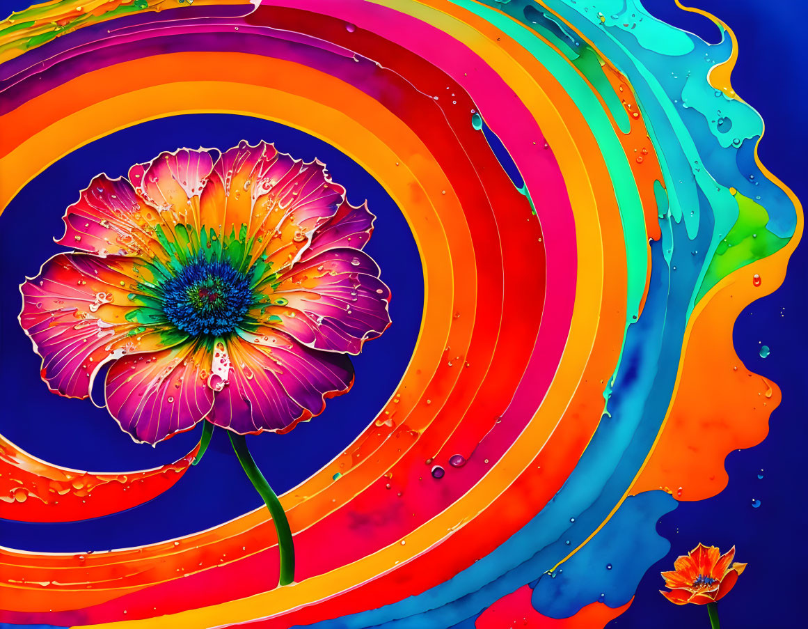 Colorful flower digital artwork with swirling rainbow background & paint splashes