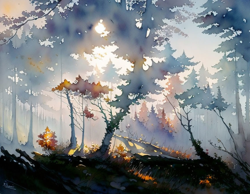 Sun-dappled forest watercolor painting with autumn hues and misty atmosphere