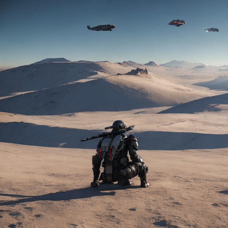 Futuristic armored person watches flying vehicles over desert landscape