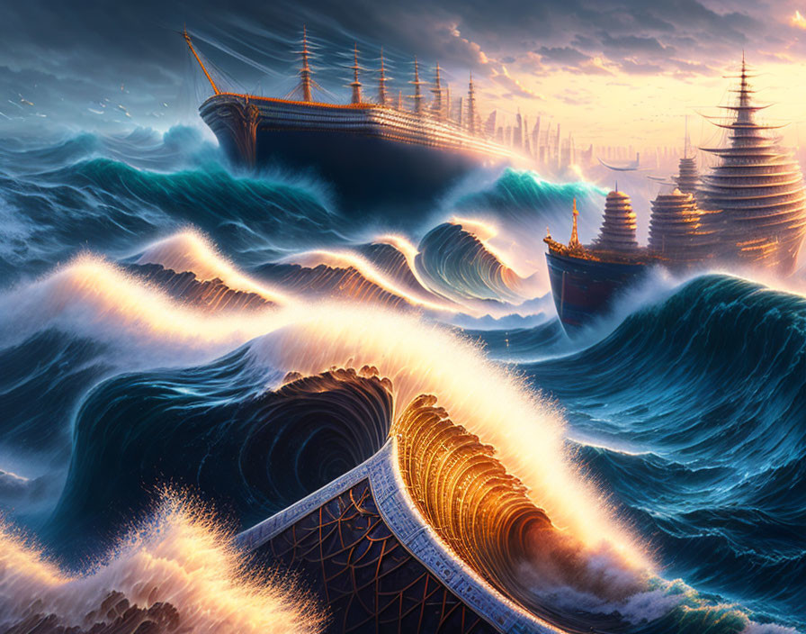 Seascape with ships in towering waves and surreal spiral wave