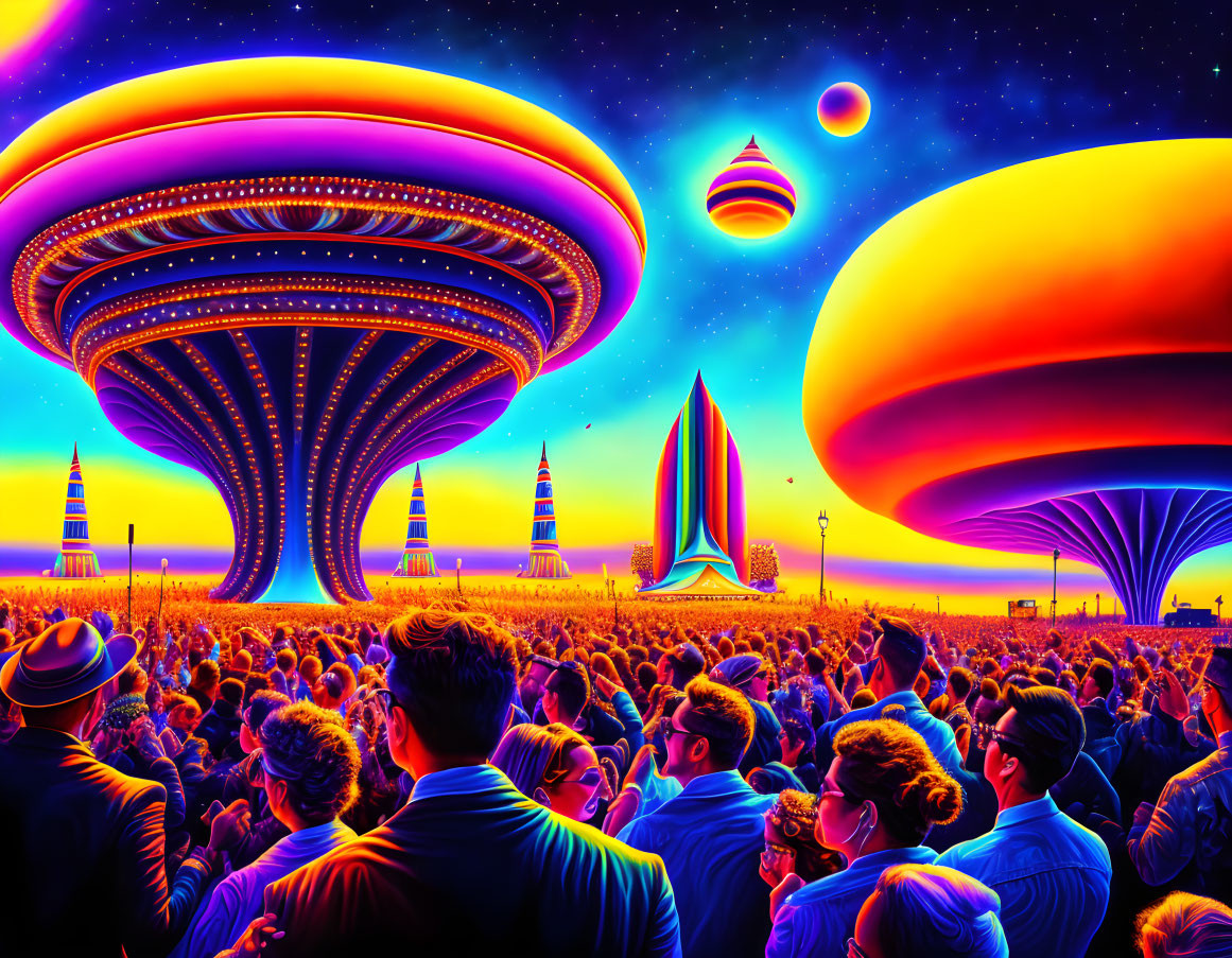 Crowd admiring futuristic spacecraft in colorful, vibrant scene