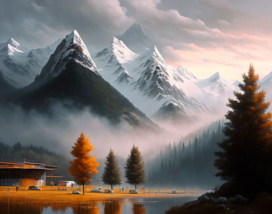 Serene landscape with snow-capped mountains, misty lake, autumn trees & modern structure