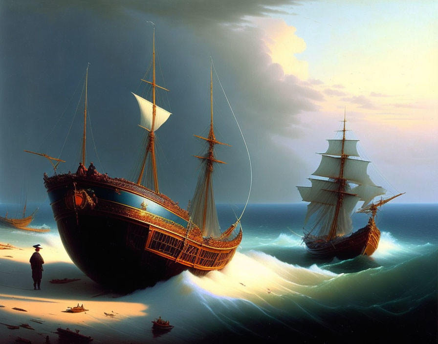 Maritime painting: Two tall ships at sea, one beached, solitary figure, dramatic sky