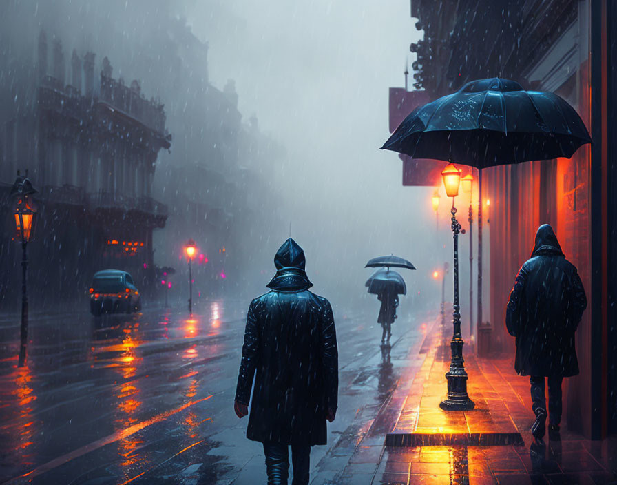 Three people with umbrellas stroll under streetlights on rainy city street at dusk