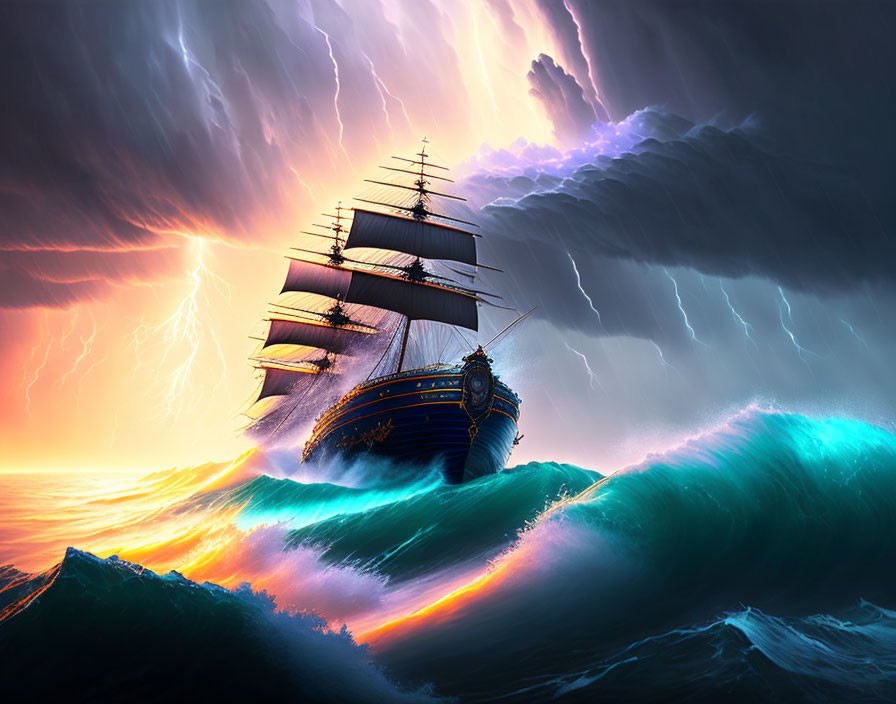 Tall ship sailing turbulent seas in stormy weather