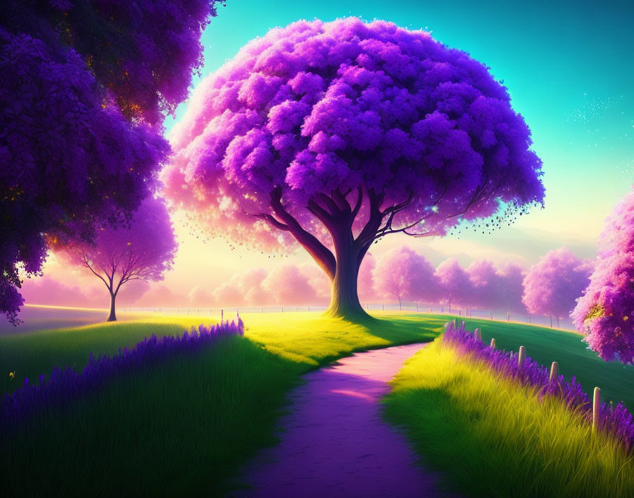 Twilight pathway with lush purple trees