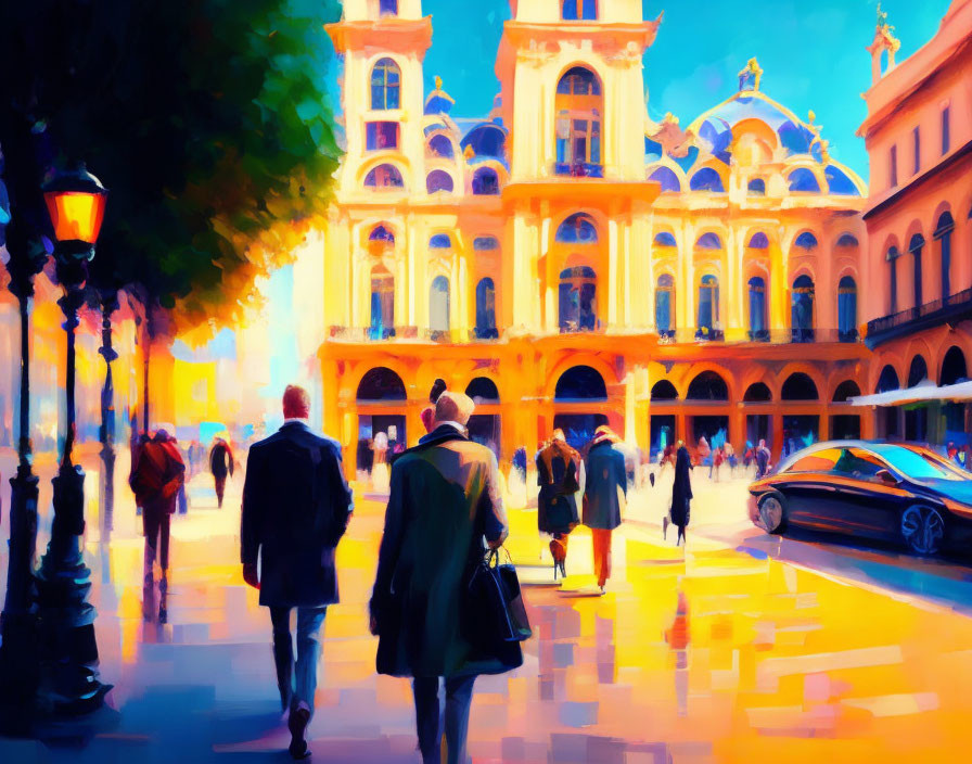 Impressionist-style painting of people on city street at dusk