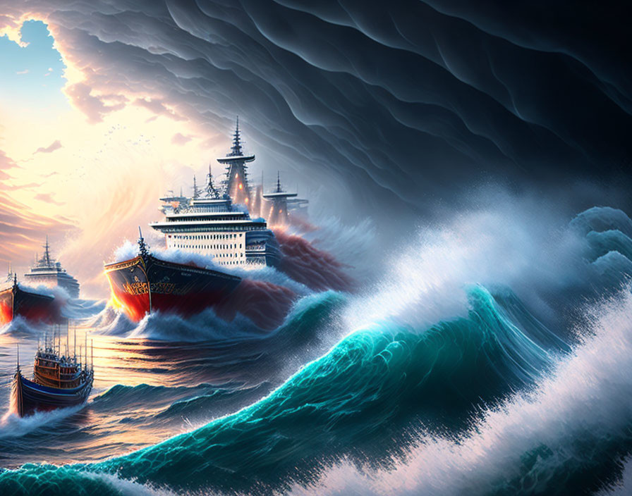 Sail ships on turbulent seas with massive waves and stormy sky