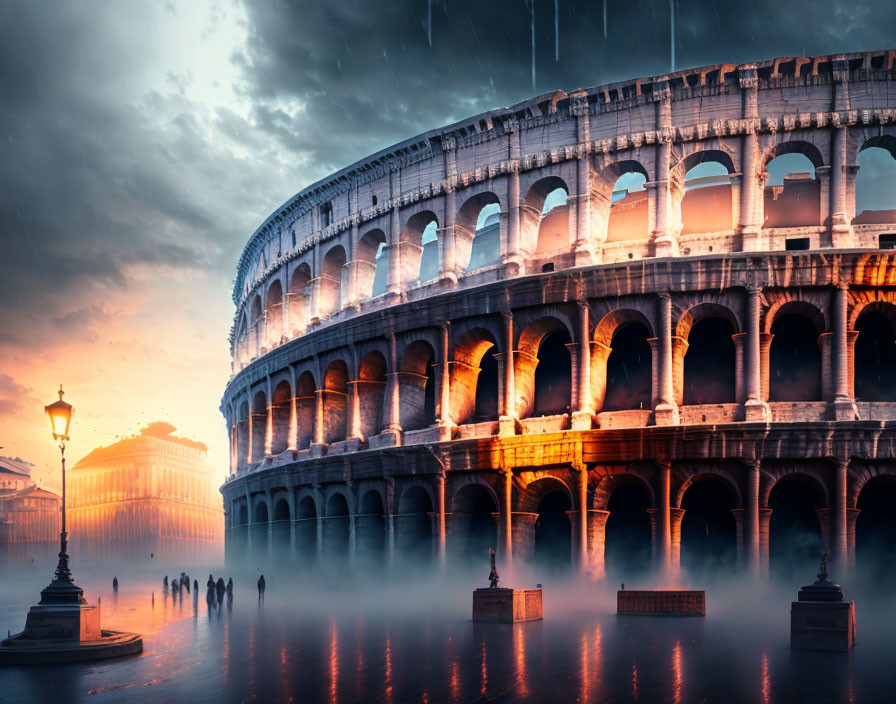 Historic Colosseum in Rome at dusk with mist, silhouettes of people, and