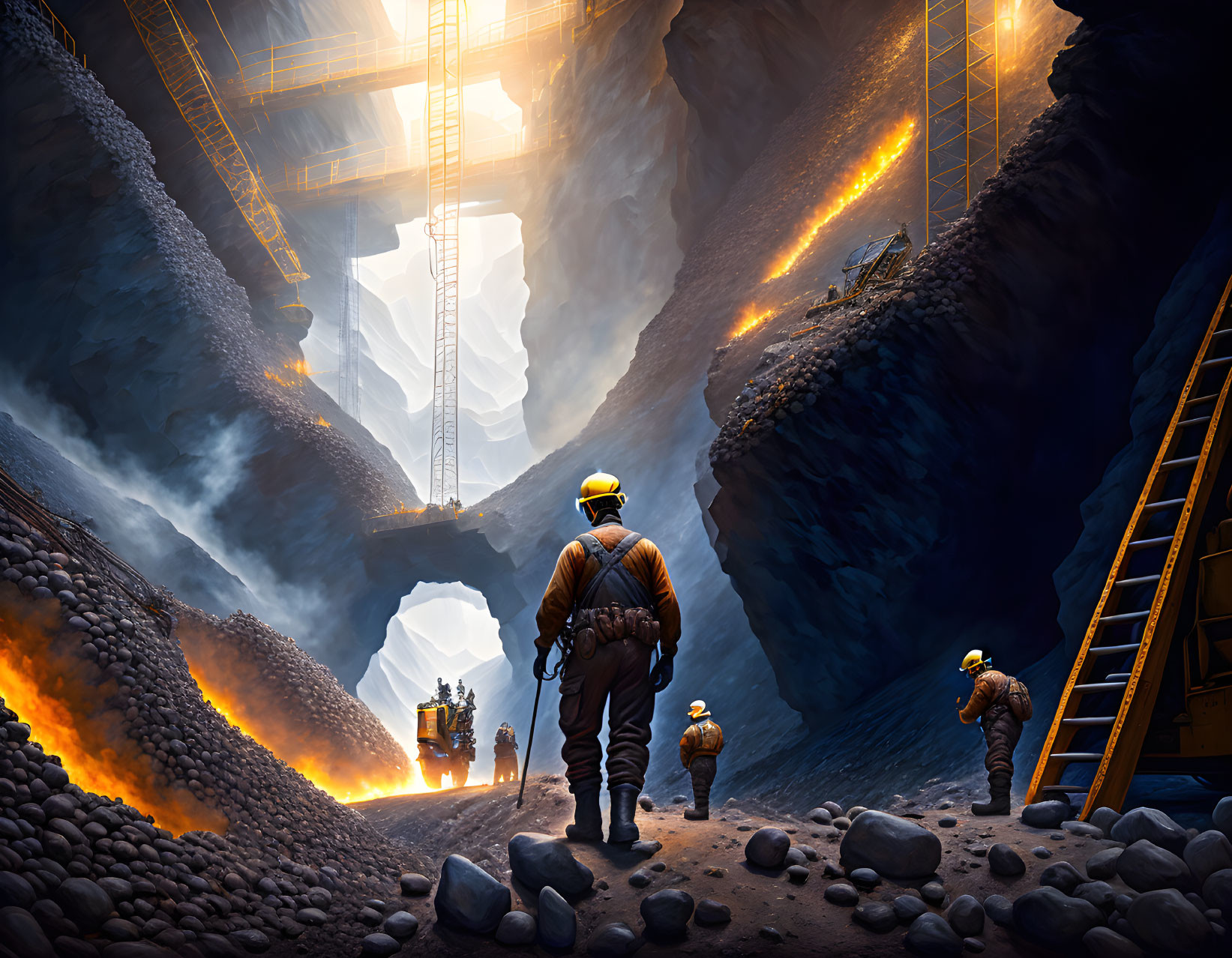 Workers in protective gear in glowing underground mine with machinery