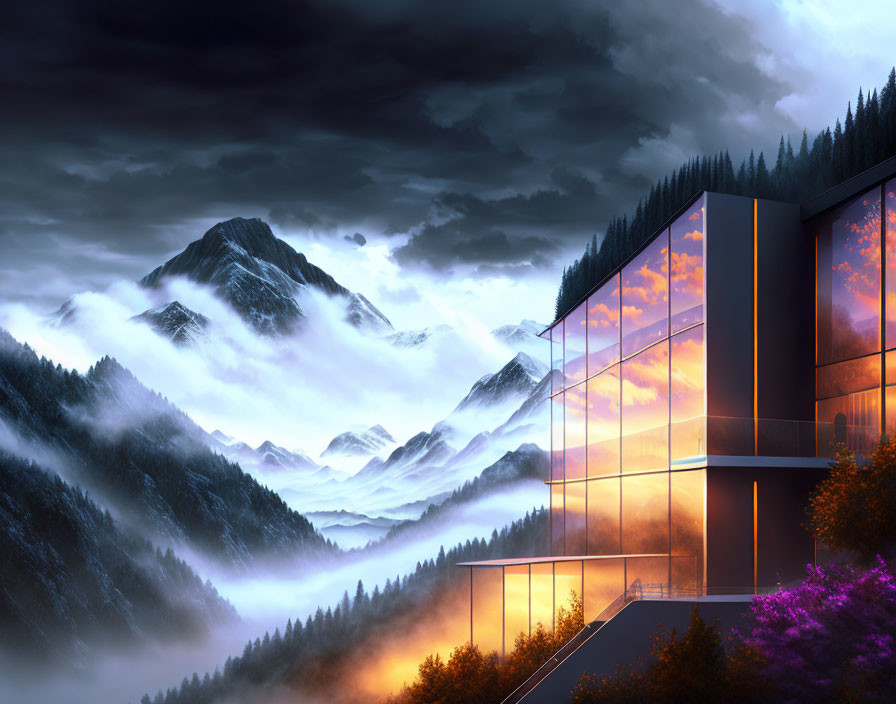 Glass building with mountainous landscape and vibrant sunset.