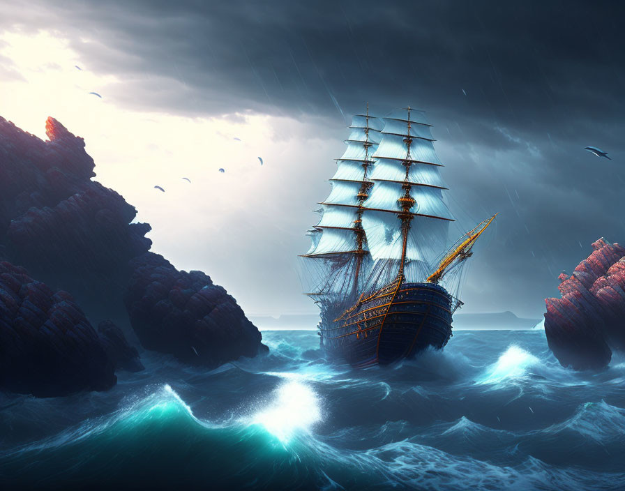 Tall ship sailing turbulent seas between towering cliffs in stormy sky