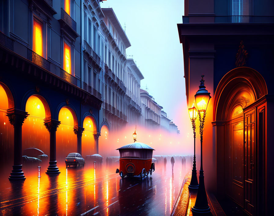 City street at dusk with vintage tram and glowing streetlights