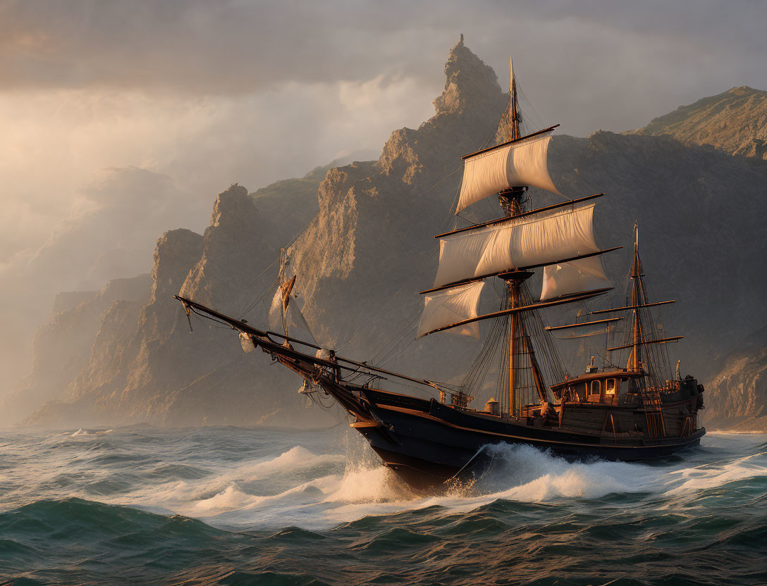 Sailing ship with billowing sails in turbulent waves near jagged cliffs