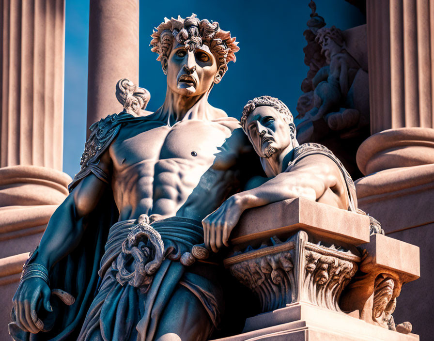 Muscular male mythological statue against blue sky