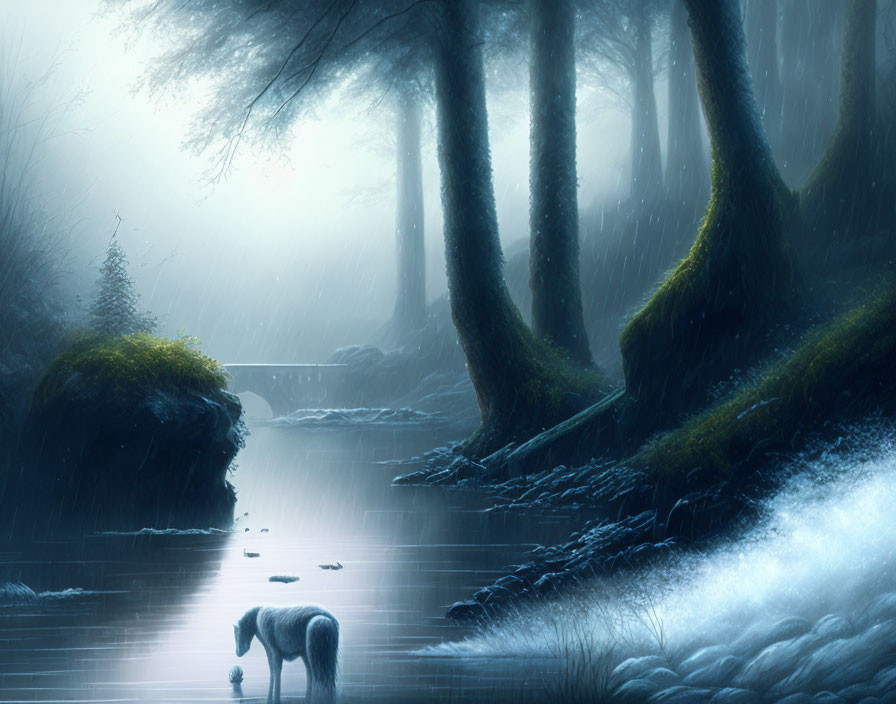 Mystical foggy forest with white horse near serene stream