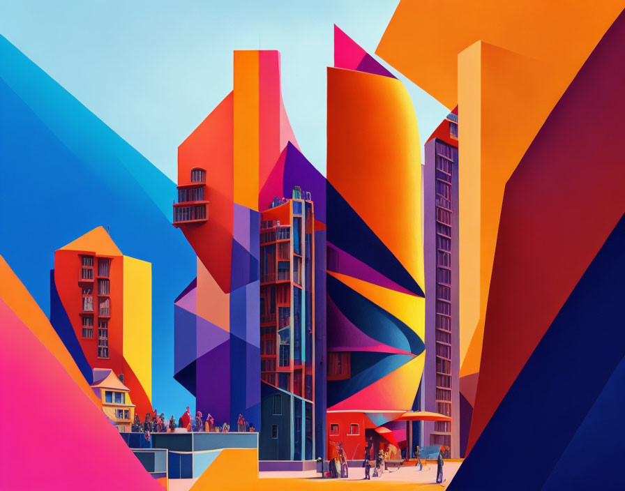 Colorful Abstract Geometric Buildings with People Interacting