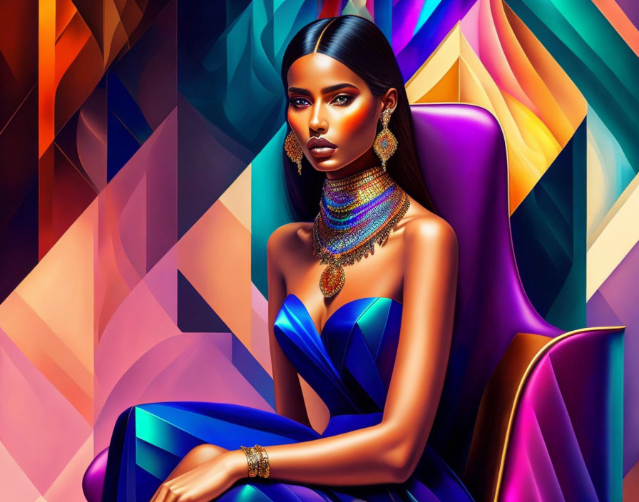 Digital artwork of woman with sleek hair, makeup, and jewelry against multicolored background