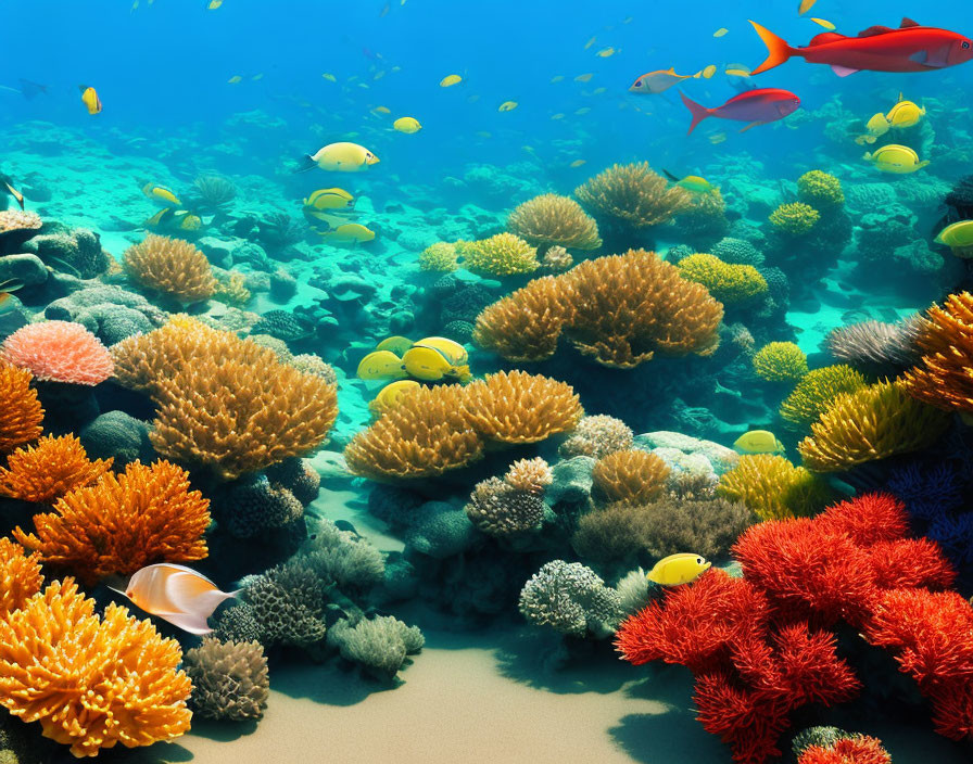 Colorful coral reef with tropical fish in clear blue water