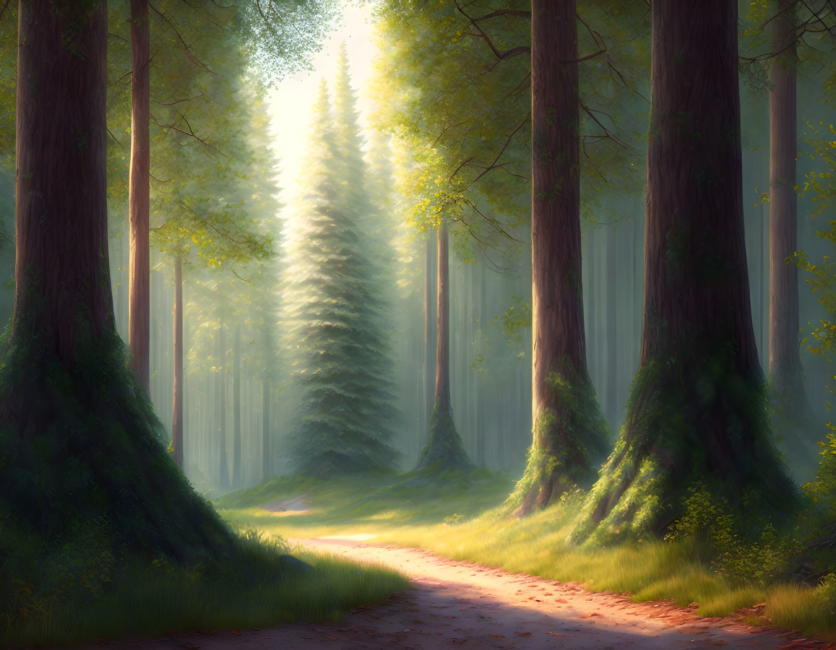 Tranquil forest scene with sunlight filtering through tall trees