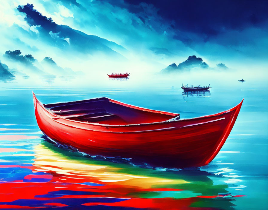 Tranquil painting of red boat on blue waters & misty mountains