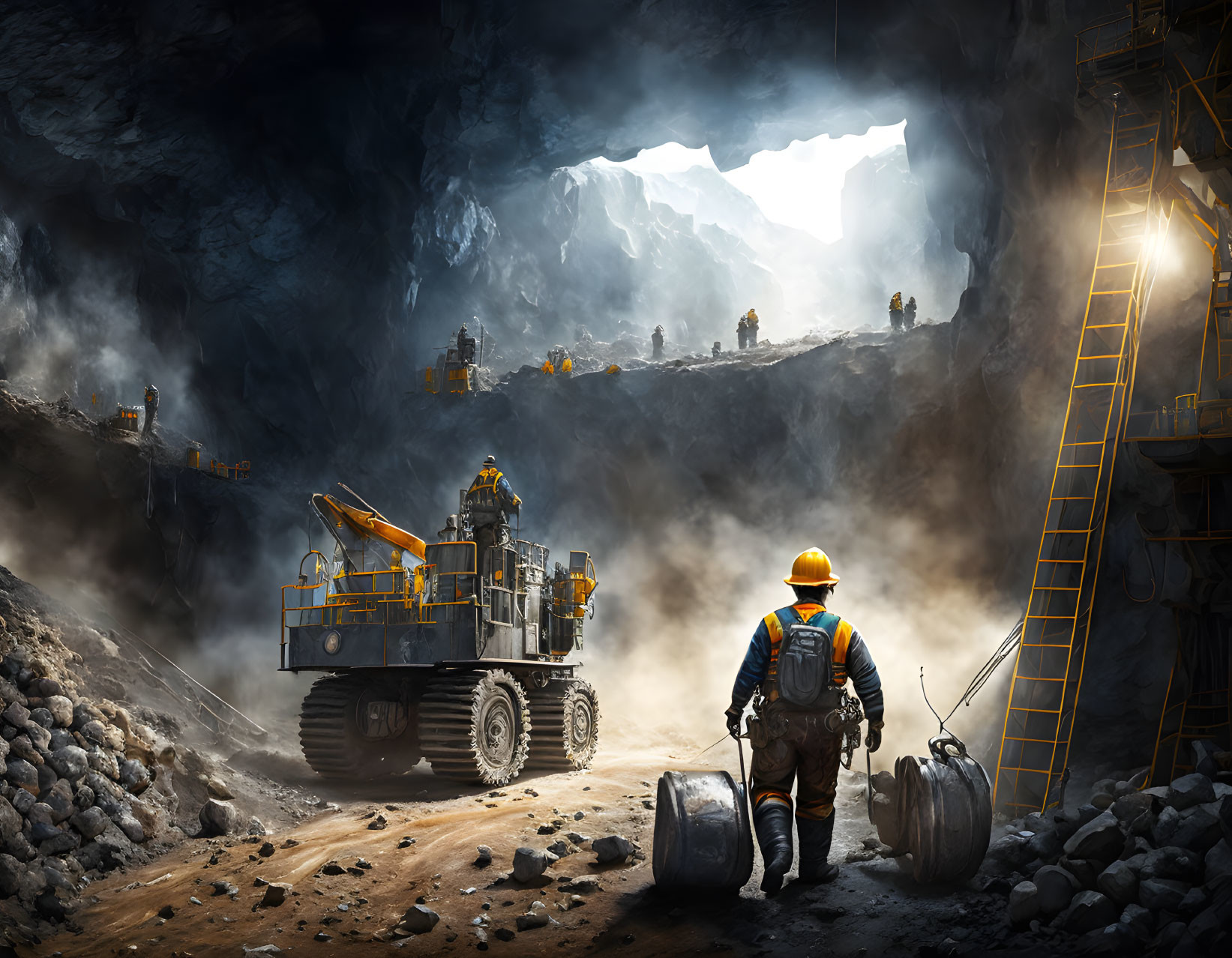 Miner with hard hat in underground mine near large machinery