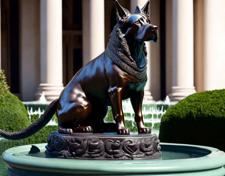 Bronze statue of large dog on intricate pedestal in garden setting