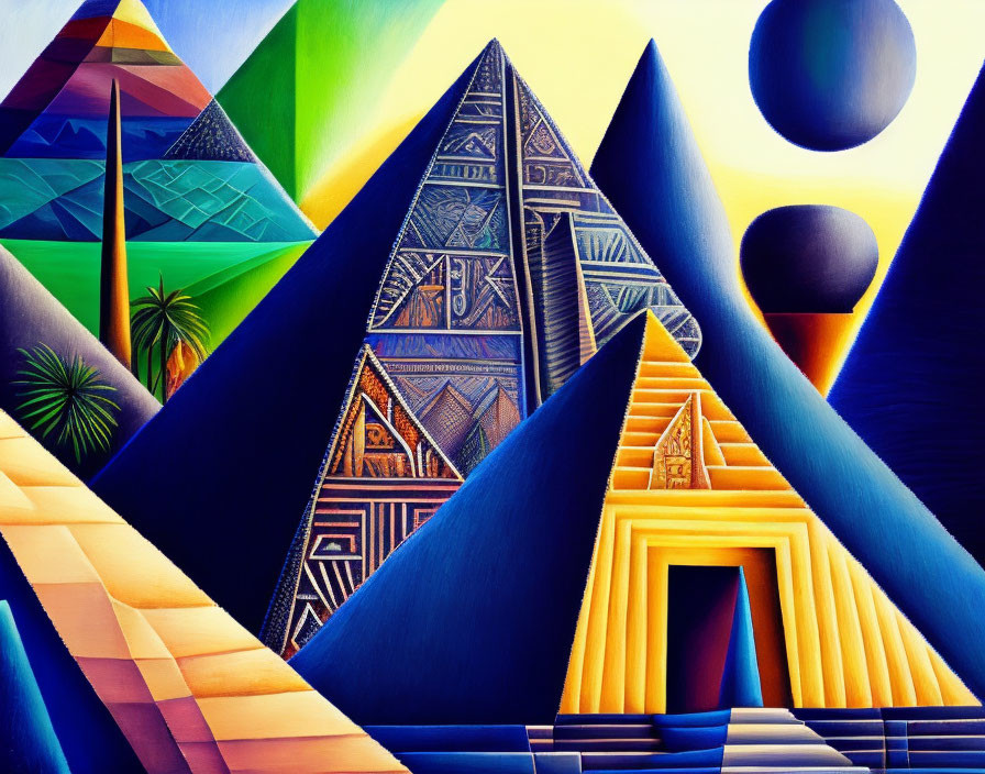 Vibrant abstract painting with geometric shapes and landscape elements