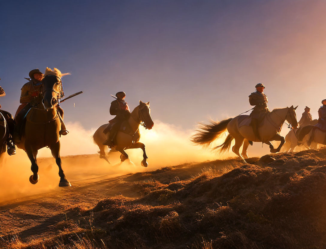 Equestrians riding in sunset dust with golden sun rays