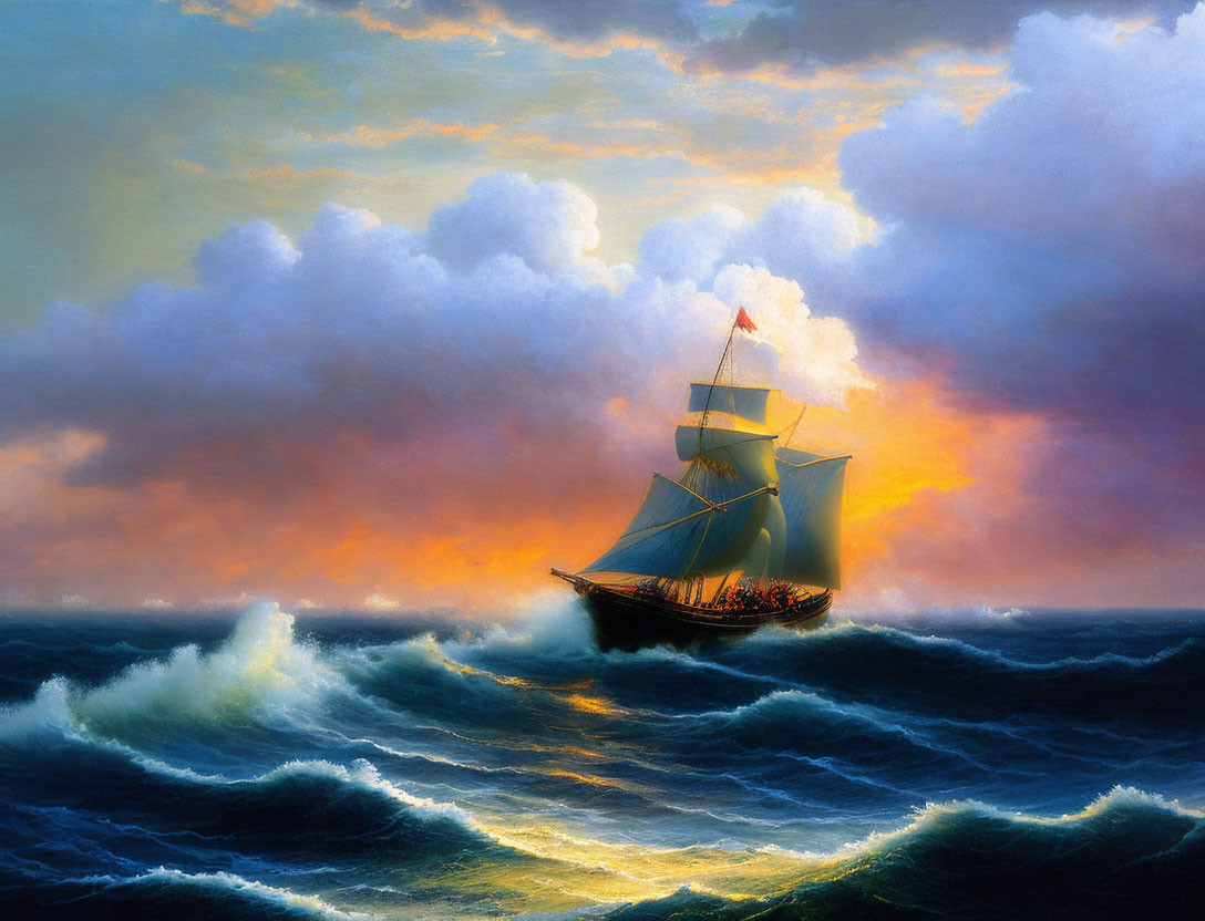 Majestic ship sailing on turbulent seas at vivid sunset