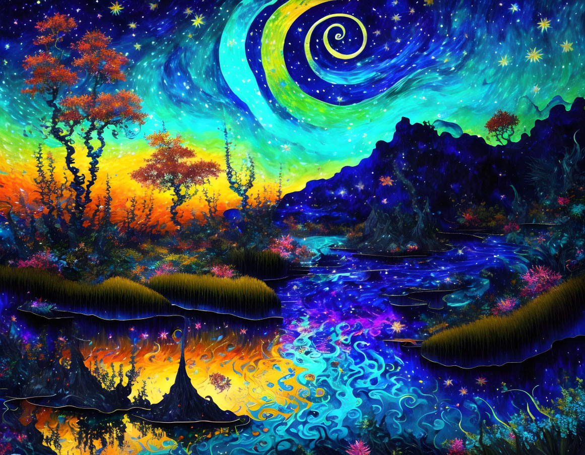 Colorful Psychedelic Landscape with Starry Sky and Iridescent River