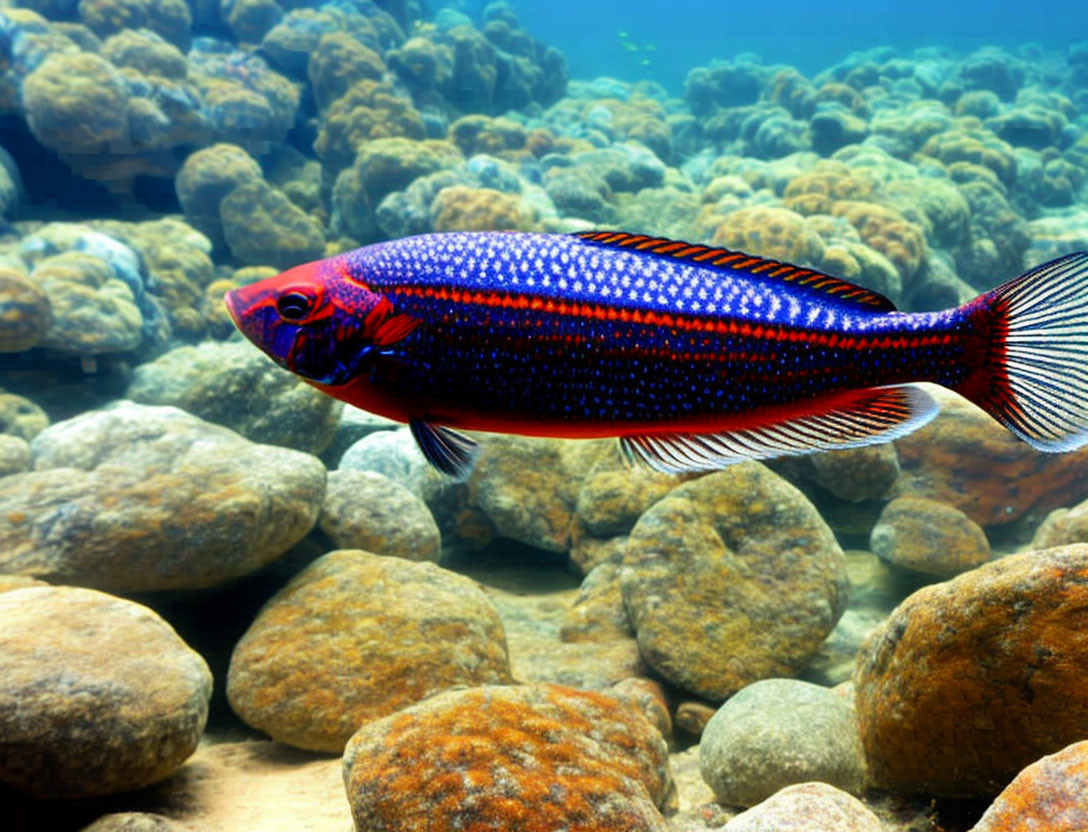 Colorful Fish Swimming Above Rocky Seabed in Clear Water