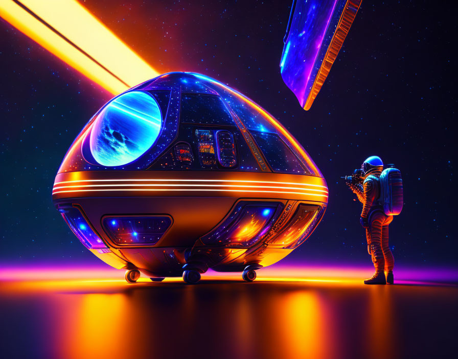 Astronaut next to futuristic spaceship on neon-lit alien surface