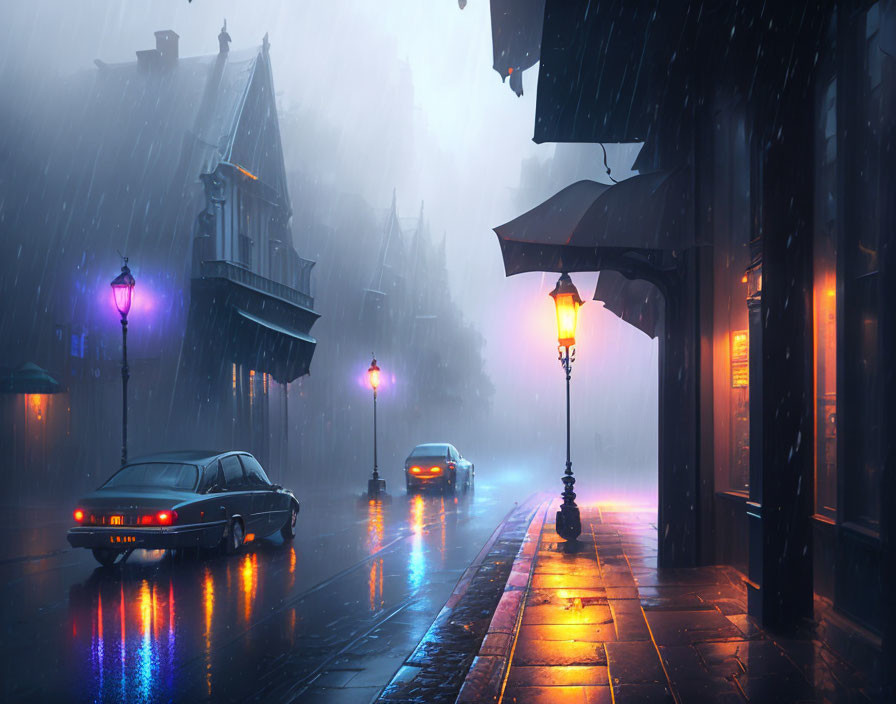 Twilight rain-soaked street with glowing lamps, passing cars, and mysterious atmosphere