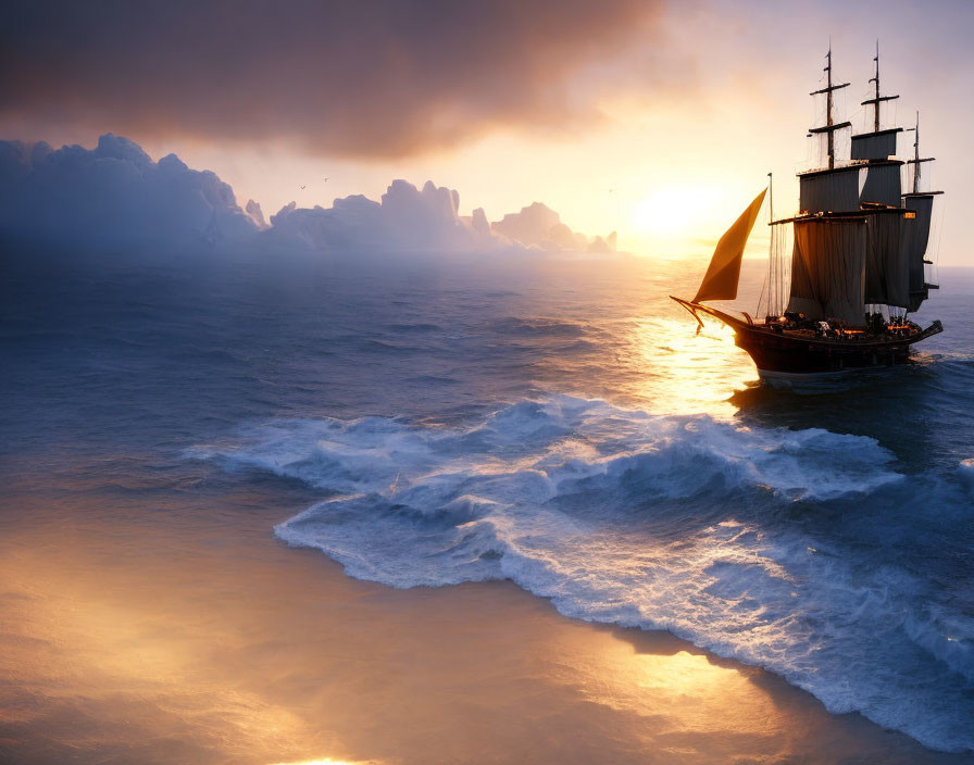 Sailing ship in turbulent seas at sunset with dramatic clouds