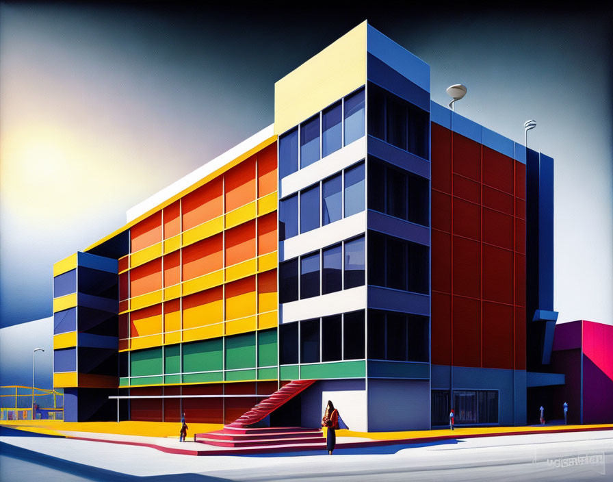 Colorful modern building illustration with people and shadows