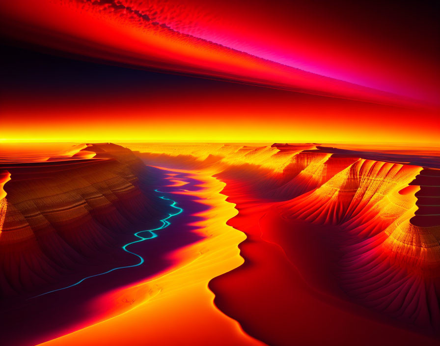 Surreal digital artwork: undulating fiery dunes under blue light