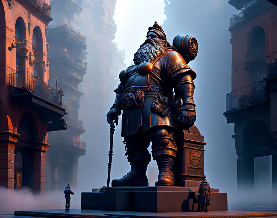 Giant armored knight statue in misty square with tiny figure and imposing buildings