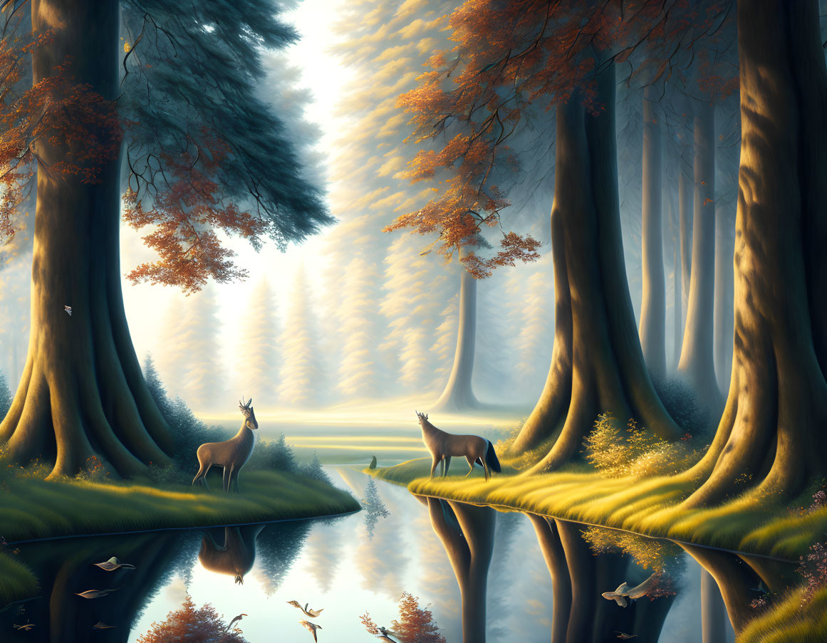 Enchanting forest landscape with deer, river, and tall trees