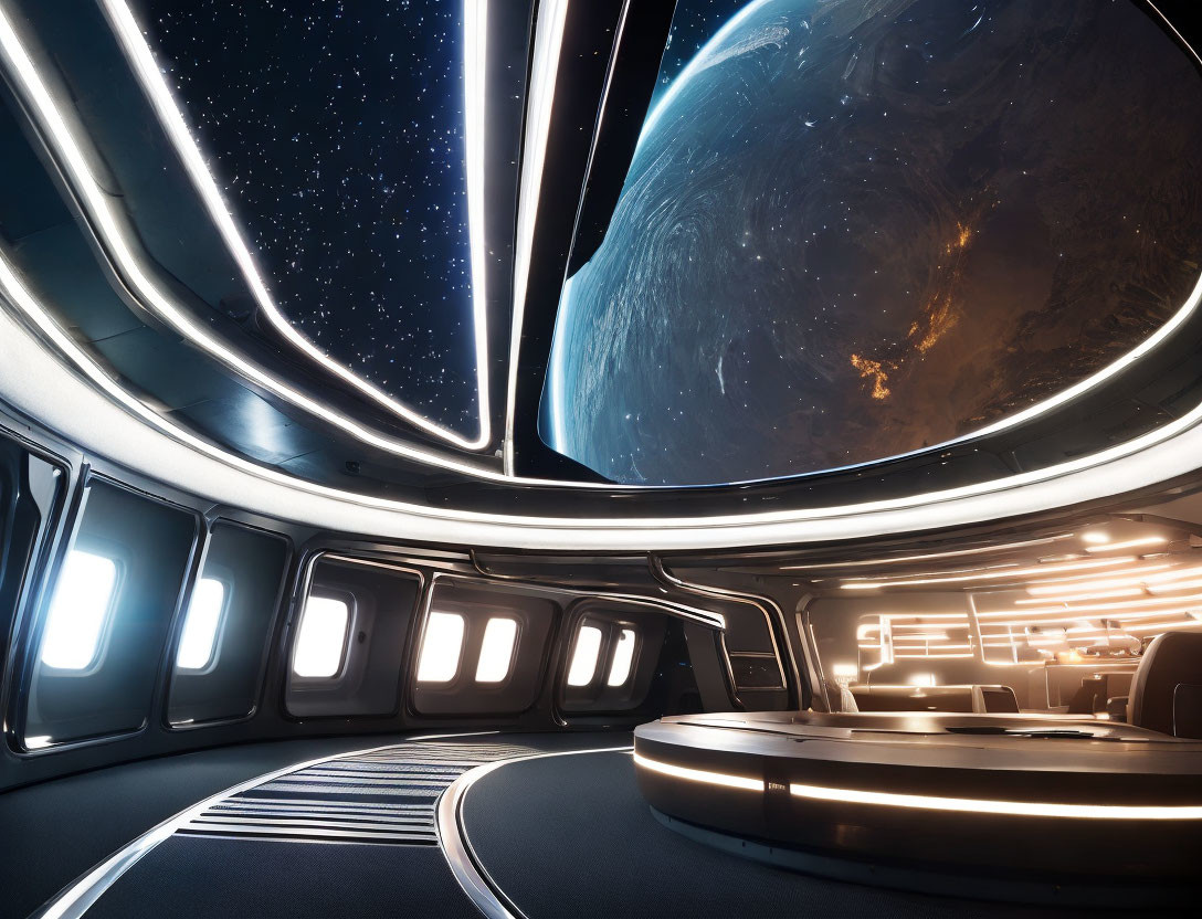 Futuristic spacecraft interior with large window overlooking planet