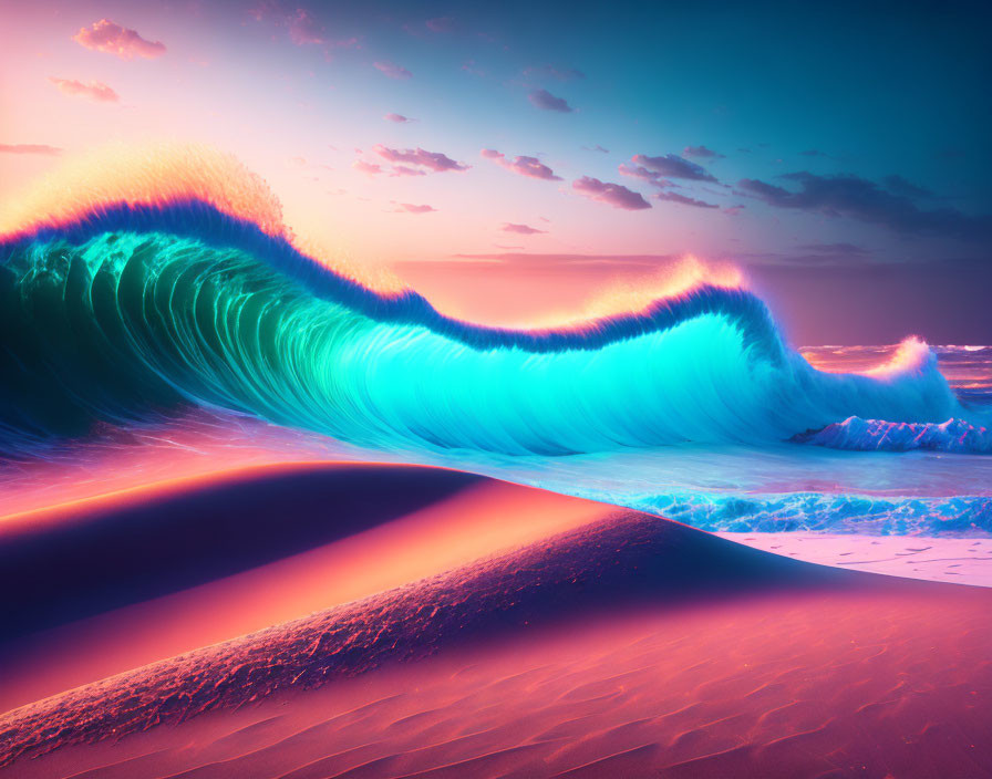 Neon-lit wave cresting under pink and blue sunset sky