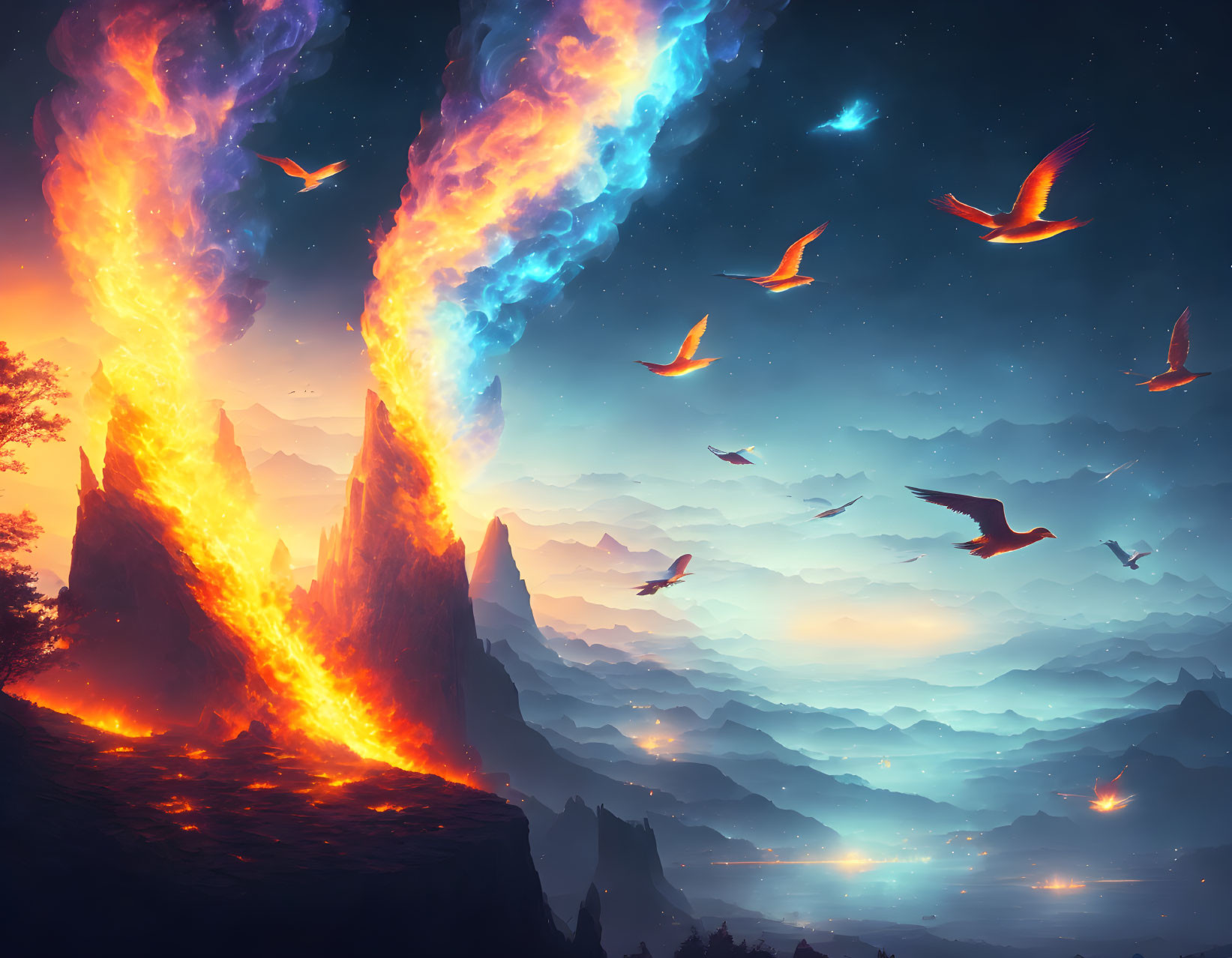 Twin fiery and icy phoenixes soar over misty mountain landscape