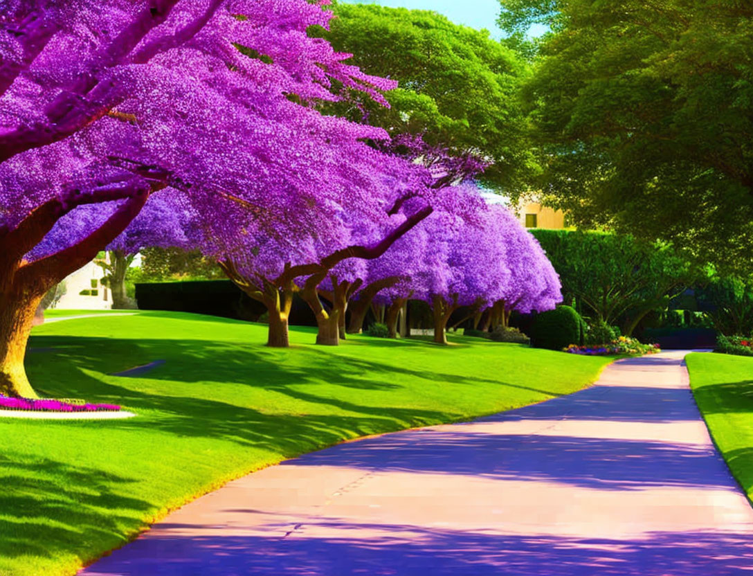 Blooming purple jacaranda trees line sunny pathway