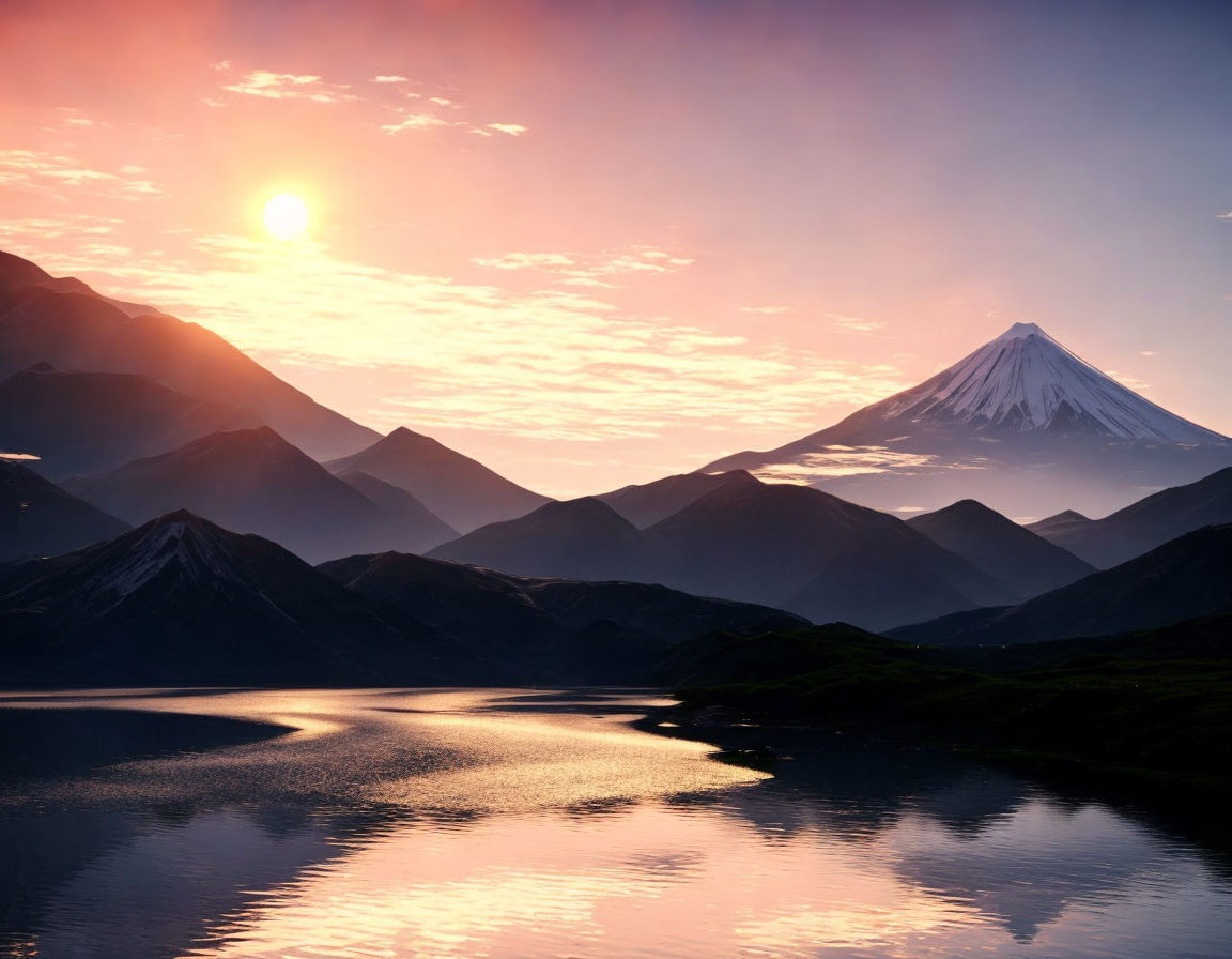 Tranquil Lake Sunrise with Mountain Silhouettes