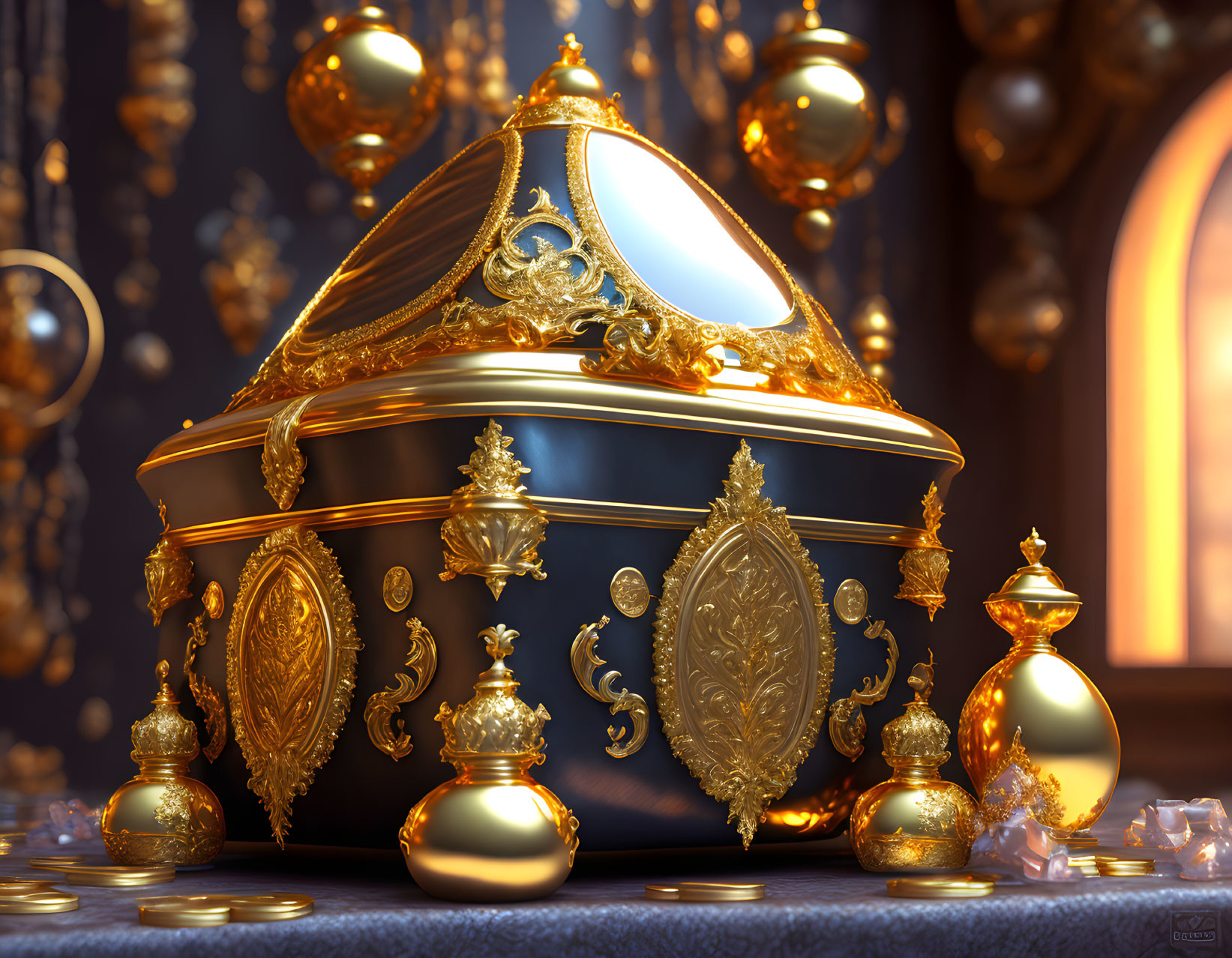 Golden treasure chest with intricate designs surrounded by gold trinkets and pearls