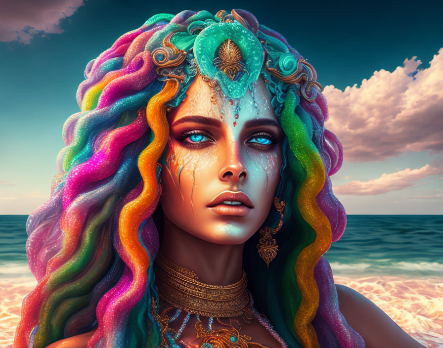 Colorful fantasy illustration of woman with rainbow hair, ocean-themed jewelry, sea backdrop