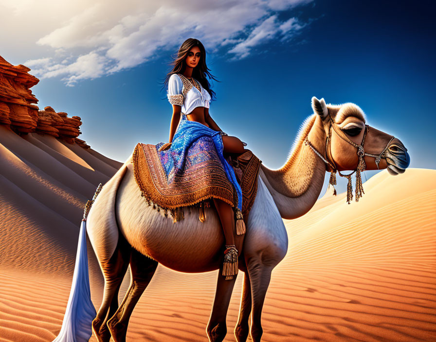 Woman in white outfit rides camel in desert with colorful textiles