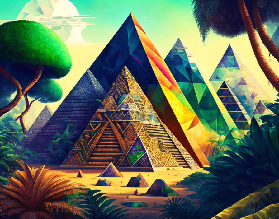 Colorful stylized pyramids in lush landscape with futuristic architecture.