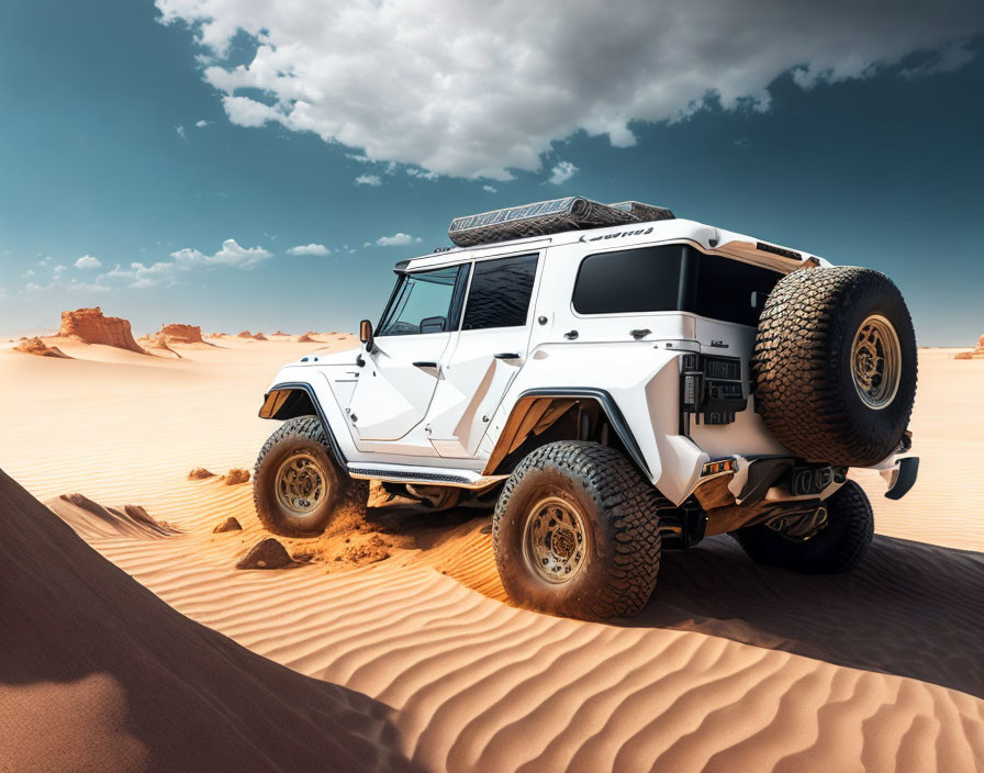 Off-road vehicle navigating sandy desert landscape under blue sky