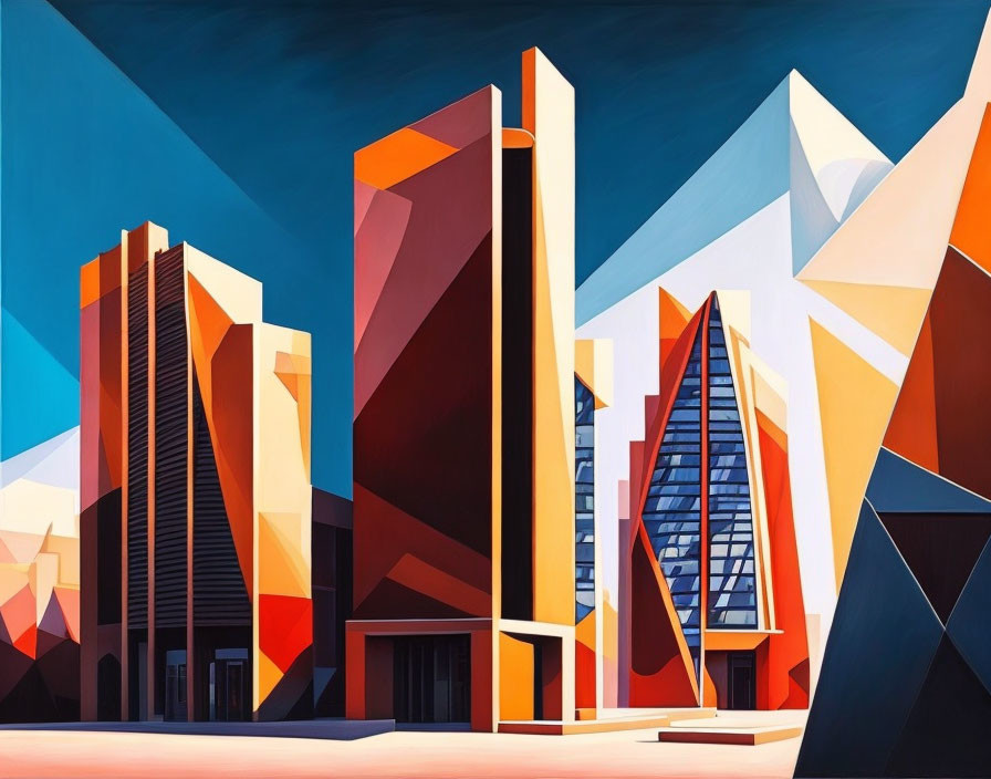 Vibrant abstract painting: geometric urban architecture with sharp lines and contrasting shades.